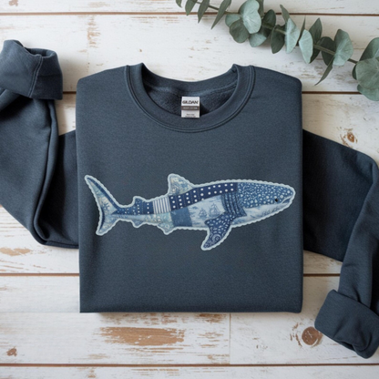 Whale Shark Faux Patchwork Denim Sweatshirt